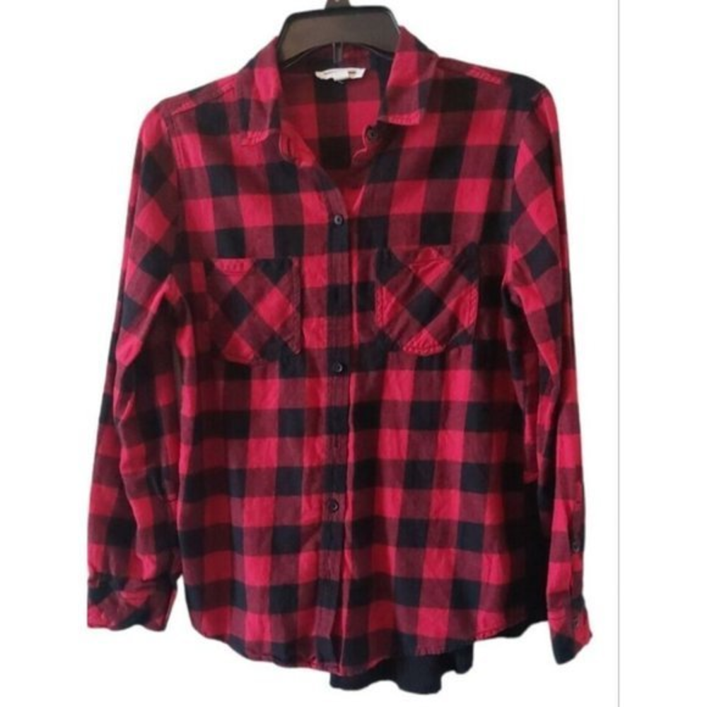 Beach Lunch Lounge Red Buffalo Check Plaid Womens Long Sleeve Top Button Down Sm